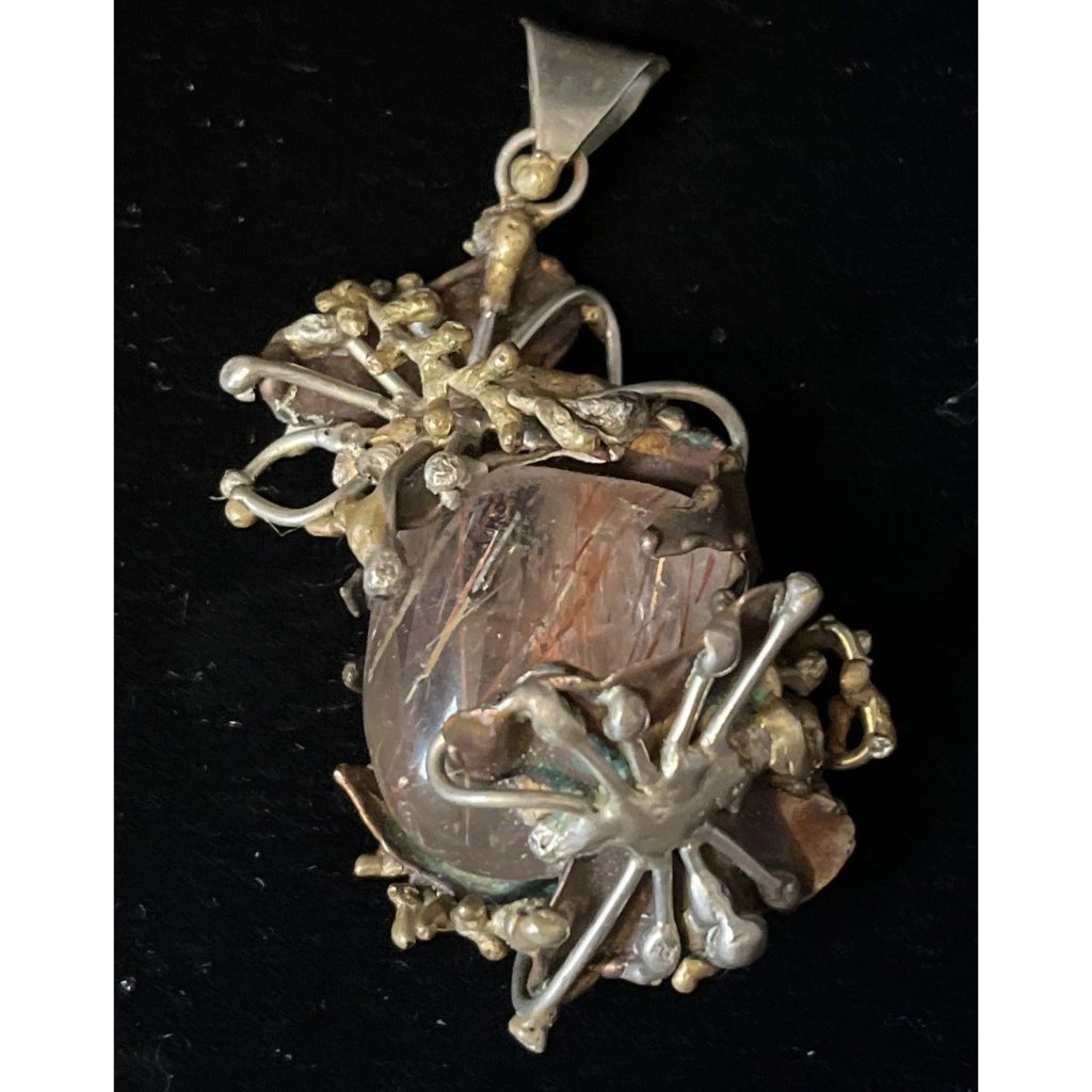 Vintage Brutalist Pendant Crystal Mixed Metals Silver Brass Copper 275 37g